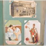 Postcard collection (x300) in old Art Nouveau (tatty) album. Wide range, noted: Silk, Shop Front,