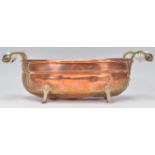 A good 19th Century Victorian copper planter of oval form having blue and white ceramic handles
