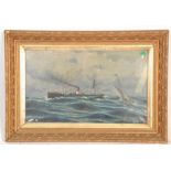 A 19th century Victorian oil on canvas maritime painting scene of a steamer ship with yacht in rough