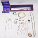 A collection of silver and fashion jewellery to include a gold plated flat link bracelet, a pair