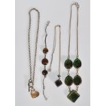 A collection of silver jewellery to include a collar necklace set with five green glass iridescent