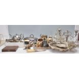 A large collection of silver plated wares to include ivorine handles, tea pot, tureens, cased