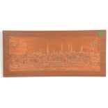 A retro 20th century teak wood and copper panel pressed into relief with scene of hamburg 1668