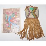 An early 20th Century native Canadian beadwork bag / pouch being decorated with coloured geometric