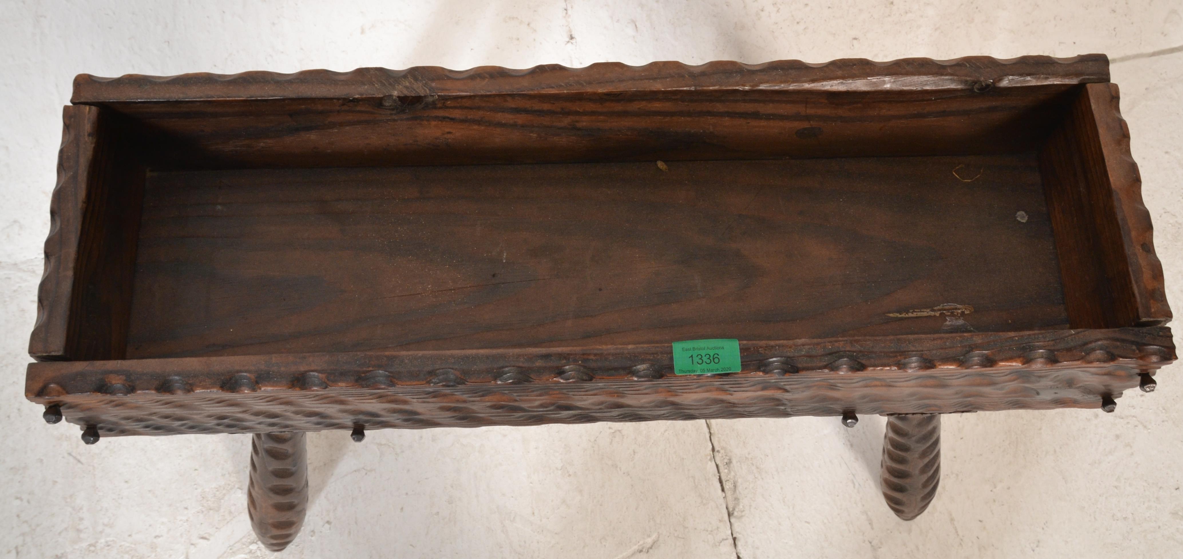 A rustic mid to early 20th century continental German black forest oak planter stand and magazine - Image 6 of 6