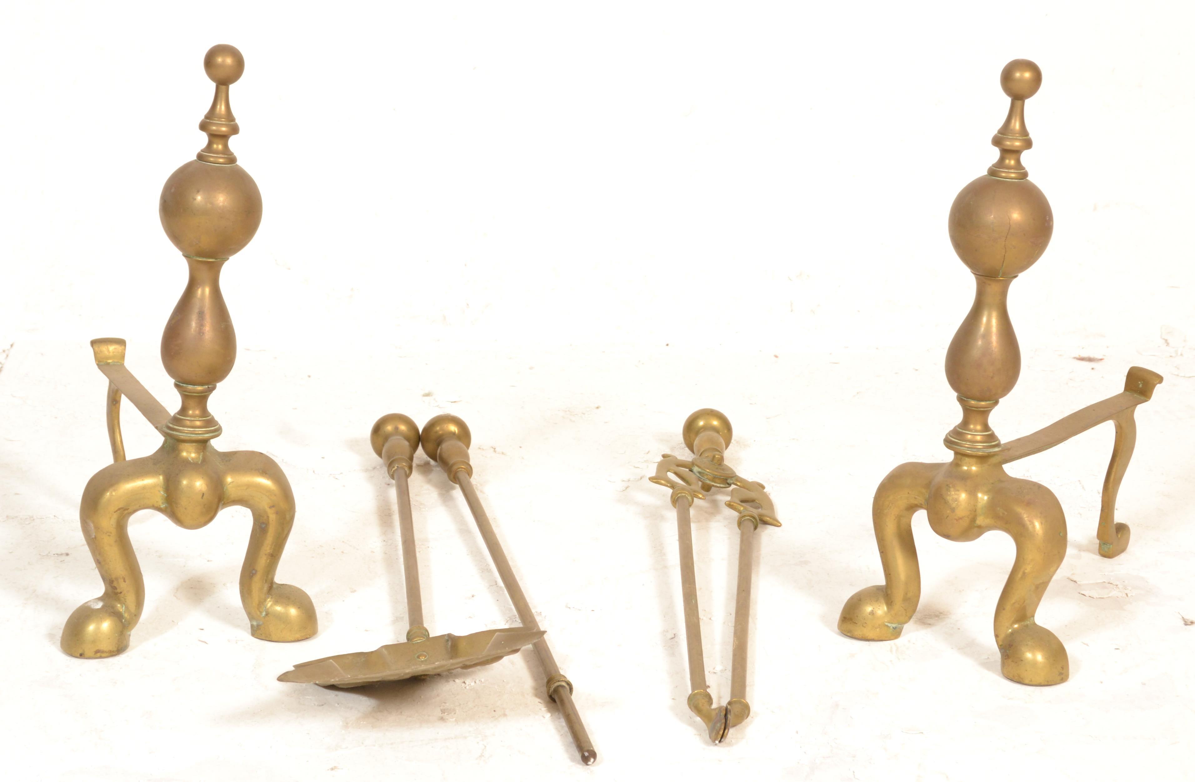 A 19th century Victorian brass fireside companion set comprising shovel, tongs and poker, all with - Image 2 of 5