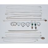 A collection of silver jewellery to include necklace chains, hoop earrings, a turquoise cabochon