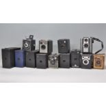 A collection of box cameras to include Kodak Brownie No 2A, Hakeye Mod BB, No 120, Model 1, Six