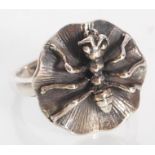 A silver ring in the form of a spider on a leaf. Stamped 925. Size P. Weight 6.2g.