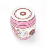 A Victorian 19th century Bristol pottery small pottery barrel with pink banded borders and chintz