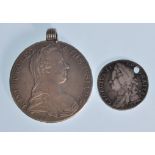 A 1780 Maria Theresia Austrian silver thaler coin pendant together with a George II 1745 Lima silver