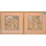 A pair of 19th century framed and glazed needlepoint tapestry samplers depicting lovers within