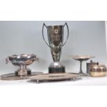 A collection of silver plated items to include a large Mappin & Webb centre / rose bowl raised on