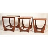 A mid century retro G-Plan teak wood and tile top nest of tables. Of square form with inset tiles,