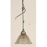 A retro 20th century Industrial factory pendant lamp on shaped arm with holophane glass pendant