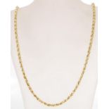 A stamped 750 18ct gold rope twist necklace chain having a spring ring clasp and safety chain.