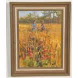 Wendy Jelbert - A 20th Century gouache on board painting entitled 'Picking Poppies In The Corn'.