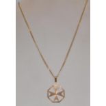 A hallmarked 9ct gold fine flat link necklace chain having a maltese cross pendant with sunburst