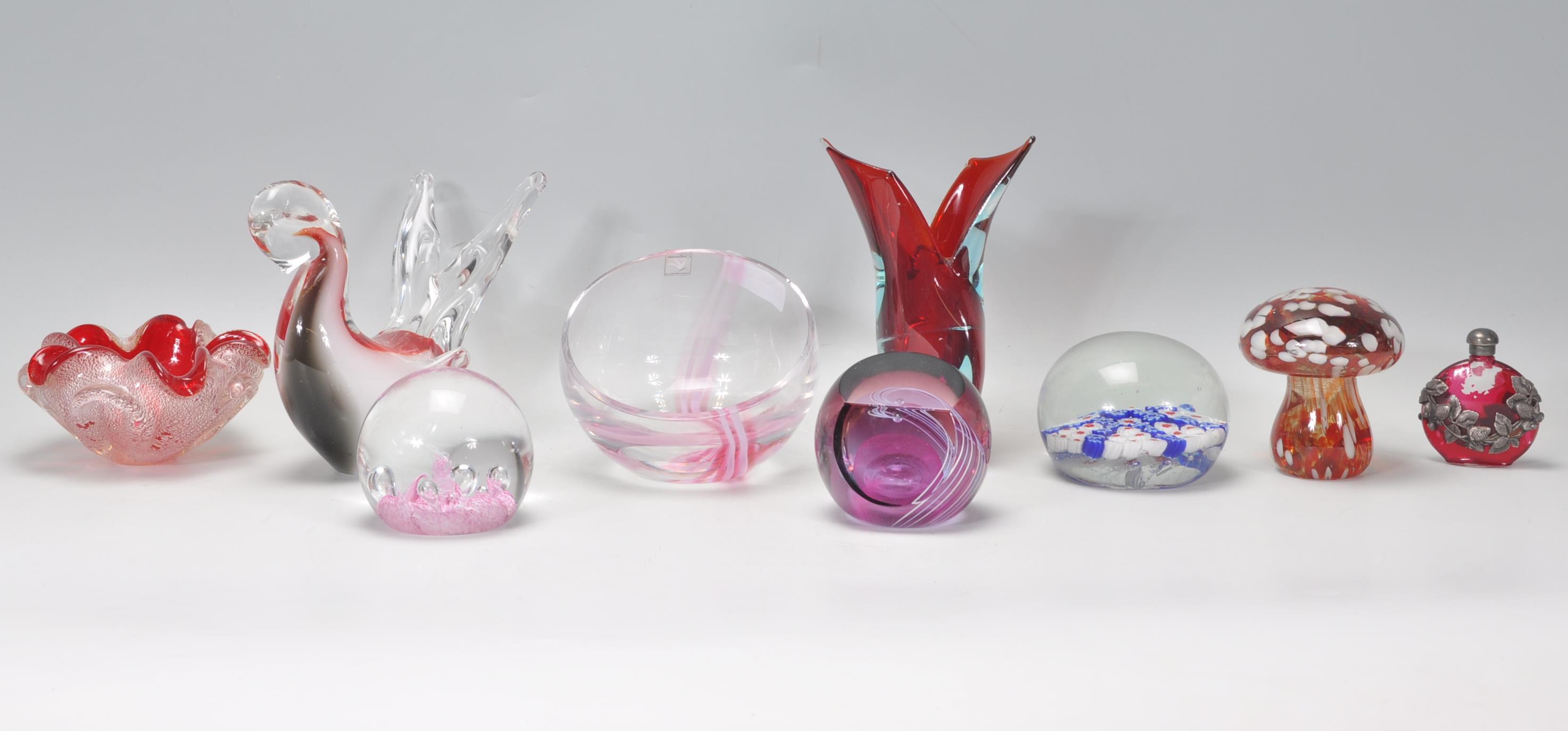 A collection of retro mid century studio art glass to include Murano type ashtray, tulip vase,