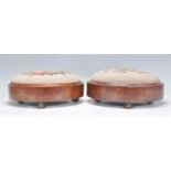 A pair of 19th Century Victorian footstools of round form being mahogany case with a needlework