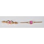 A Victorian 9ct yellow gold bar brooch of floral form set with a central pink round faceted cut pink