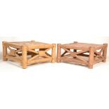 A good pair of large bamboo contemporary bedside tables each being of square form with thick