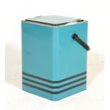 A retro 1970's metal ice cooler / travel box in blue and white colourway with banded black