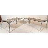 Two vintage retro mid 20th Century long coffee tables of tubular chrome construction having a