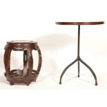 An unusual 20th century mahogany and wrought metal  tripod table  together with a Chinese hardwood