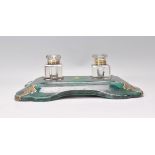 A 20th century faux malachite desk top tidy / pen tray. Complete with twin glass inkwells with