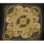 A vintage Hermes ladies silk scarf in the Washington Carriage pattern having a blue ground with a