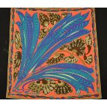 A vintage Emilio Pucci Fuilio silk scarf having a pink ground with blue and brown patterning. Marked