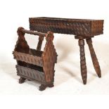 A rustic mid to early 20th century continental German black forest oak planter stand and magazine