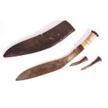 MID 20TH CENTURY KUKRI KNIFE AND SCABBARD WITH BONE HANDLE