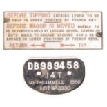 RAILWAY TRAIN LOCOMOTIVE CAST IRON SIGNS FROM A BALAST TRUCK