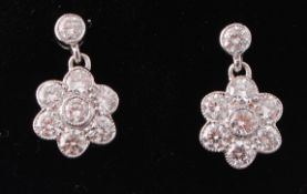 A Pair of 18ct Gold Diamond Cluster Drop Earrings