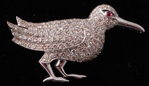 A French 18ct White Gold Ruby & Diamond Bird Brooc