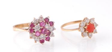 9CT CORAL AND WHITE STONE FLOWER RING / RUBY AND