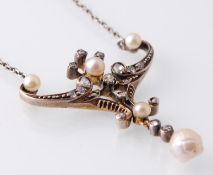 A French Belle Epoque Pearl & Diamond Pendant Neck