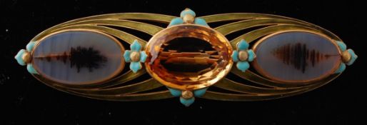 An Art Nouveau Enamel Citrine and Agate Brooch Pin