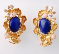 A pair of French 18ct Gold Lapis Coral & Diamond E