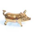 A brass vesta in the form of a pig being hinged at the neck having a match striker to the belly.