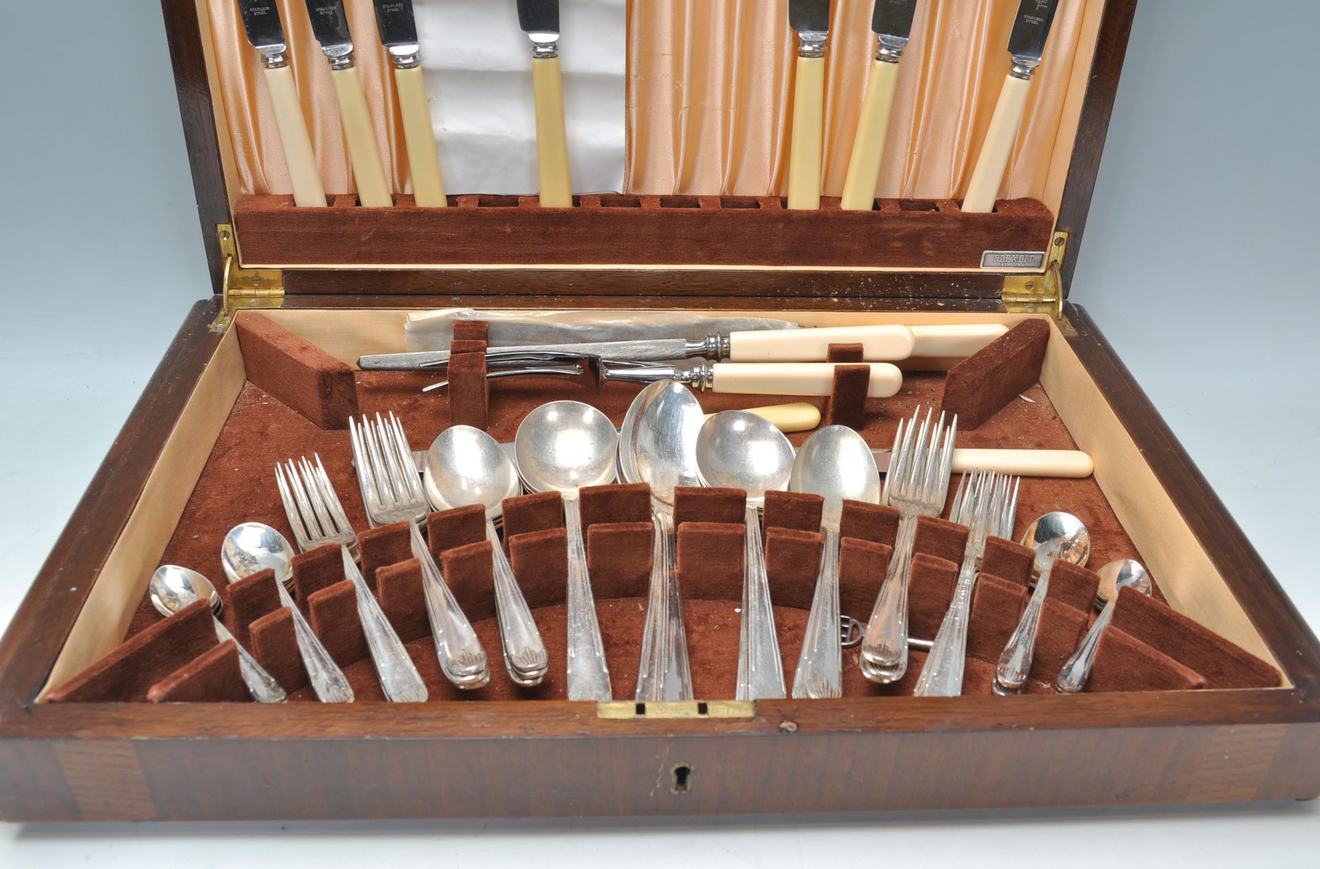A vintage Webber and Hill cutlery canteen being wooden cased filled with silver plate cutlery and - Image 2 of 6