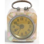 A lovely vintage 20th Century miniature brass and mother of pearl alarm clock of cube form having