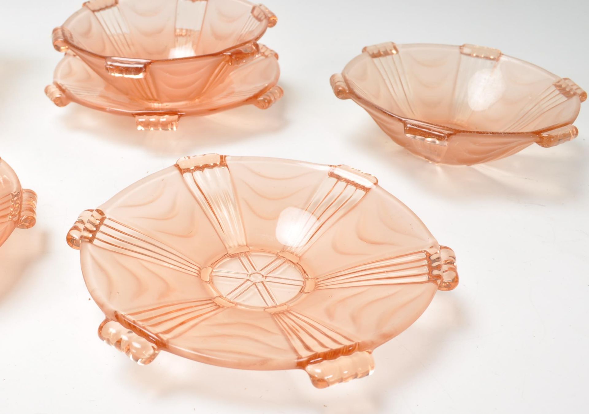 A set of six early 20th Century Art Deco pink frosted glass fruit bowls and plates together with - Image 5 of 6