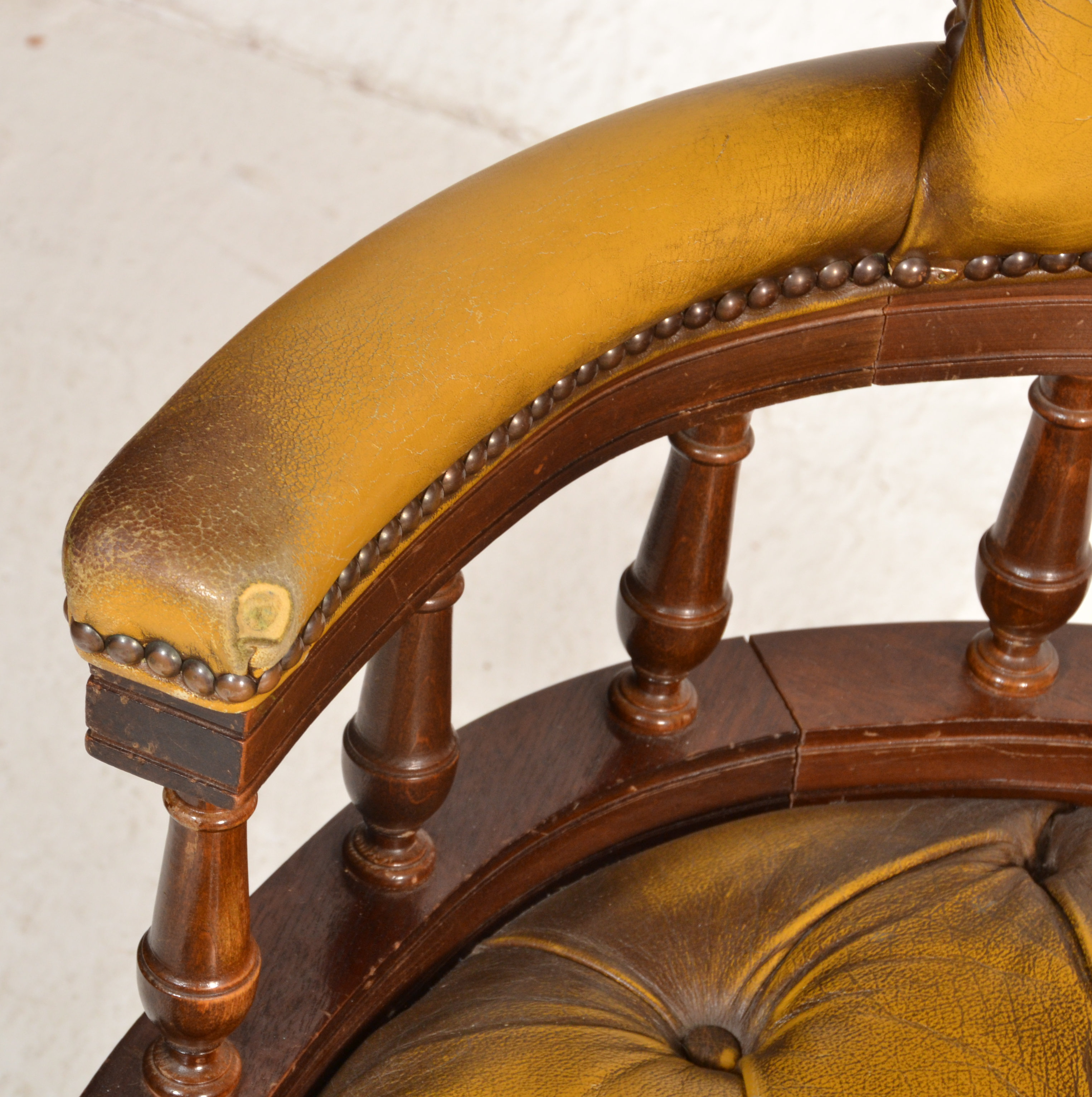 A 20th century mustard Leather Chesterfield Captains deep button back mahogany framed swivel office - Image 6 of 8