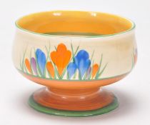 A 1930's Art Deco Bizarre for Clarice Cliff crocus pattern footed bowl having a flared rim. Makers