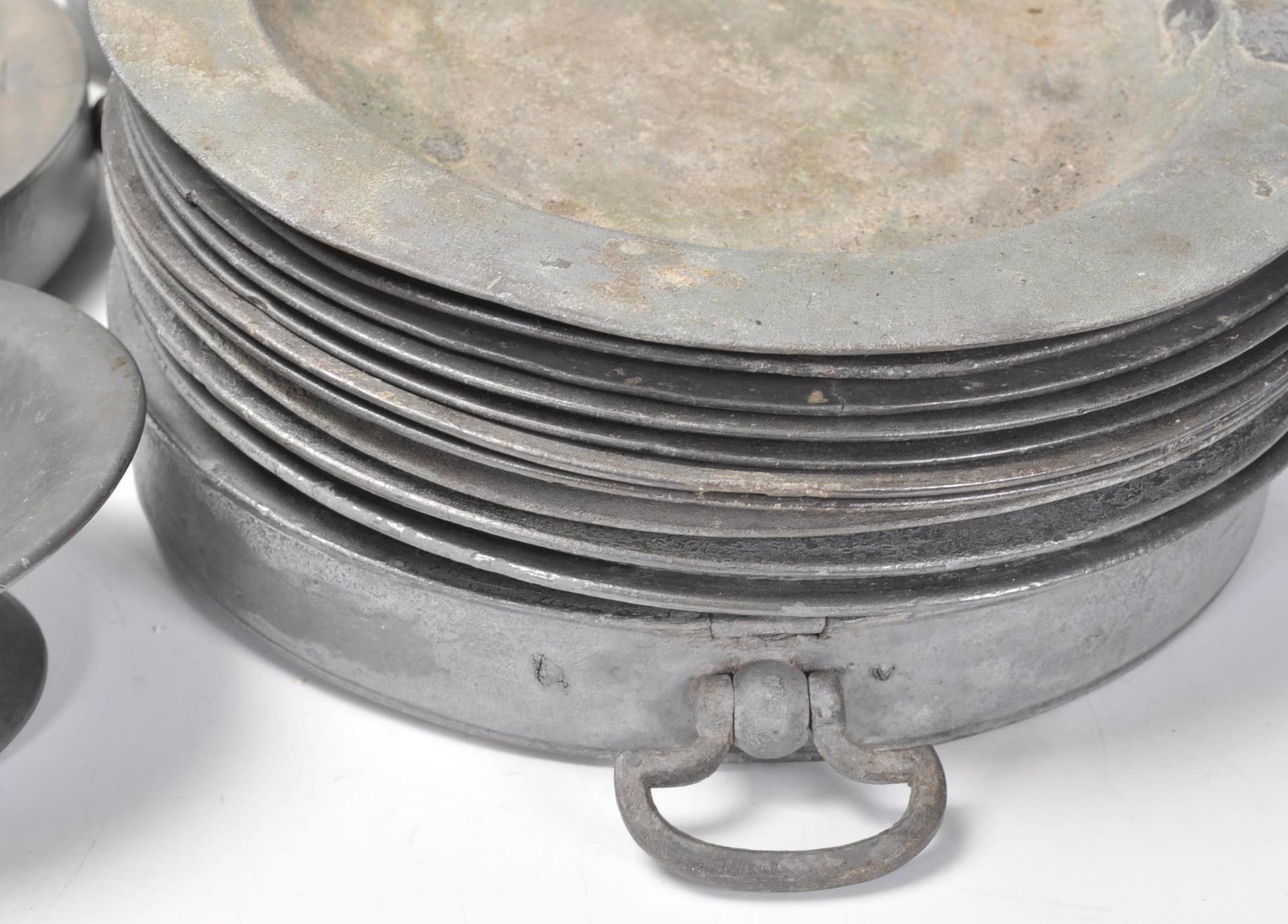 A collection of 18th Century antique pewter wares to include a large selection of plates and - Image 5 of 11