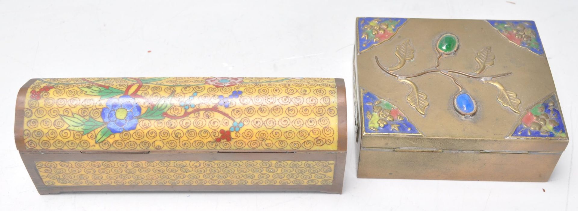 A Chinese brass stamp case of rectangular form set with inset coloured stone orbs with enamel - Image 4 of 4