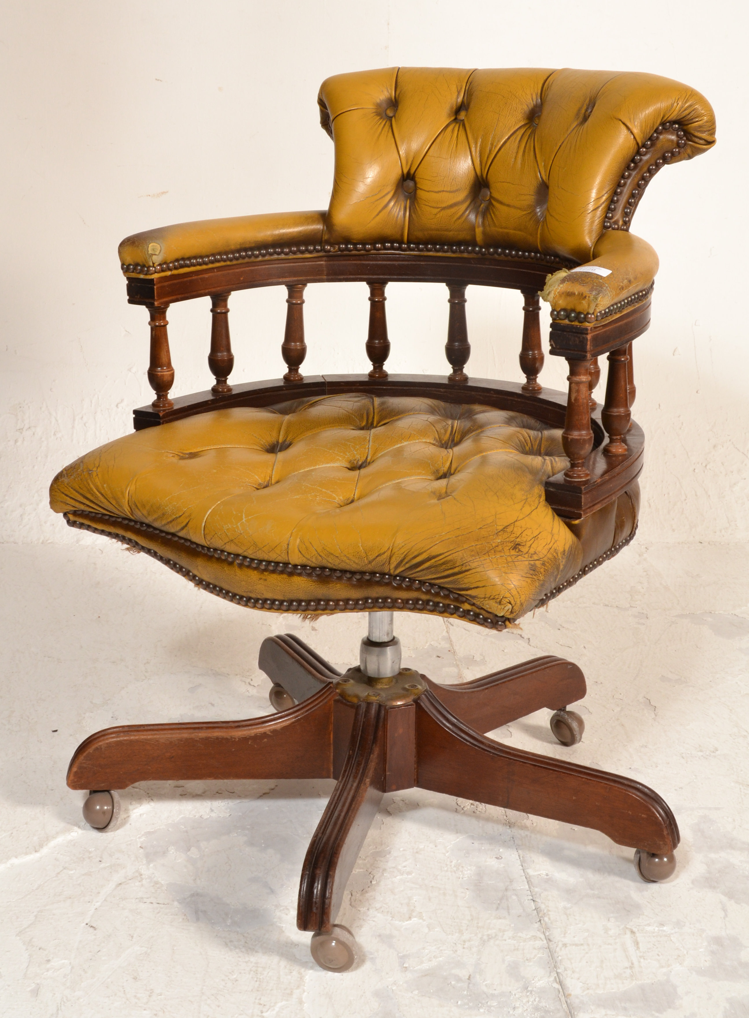 A 20th century mustard Leather Chesterfield Captains deep button back mahogany framed swivel office - Image 3 of 8